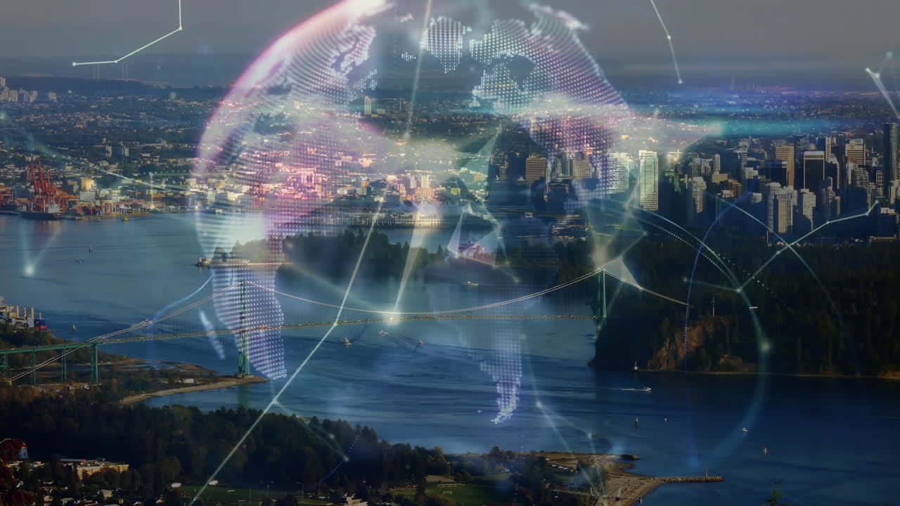 Animation of network of connections with globe over cityscape