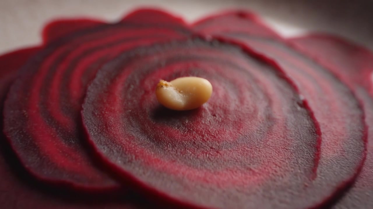 Close-up of Sliced Beetroot Carpaccio with a Single Pine Nut