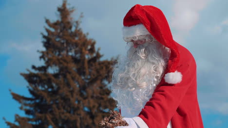 Der-Weihnachtsmann-Hält-Moos-In-Der-Hand-Und-Geht-Vorbei