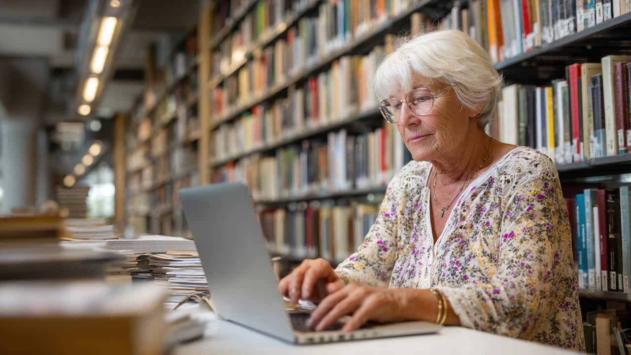 An elderly woman engaged in focused research and reading in a quiet library, using her laptop amid a sea of books, showcasing the joy of lifelong learning and knowledge exploration