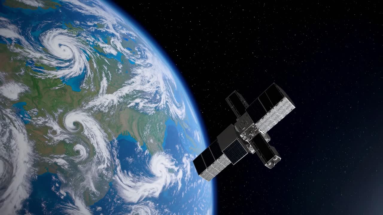 Satélite moderno orbitando el planeta Tierra con sistemas de tormentas visibles.