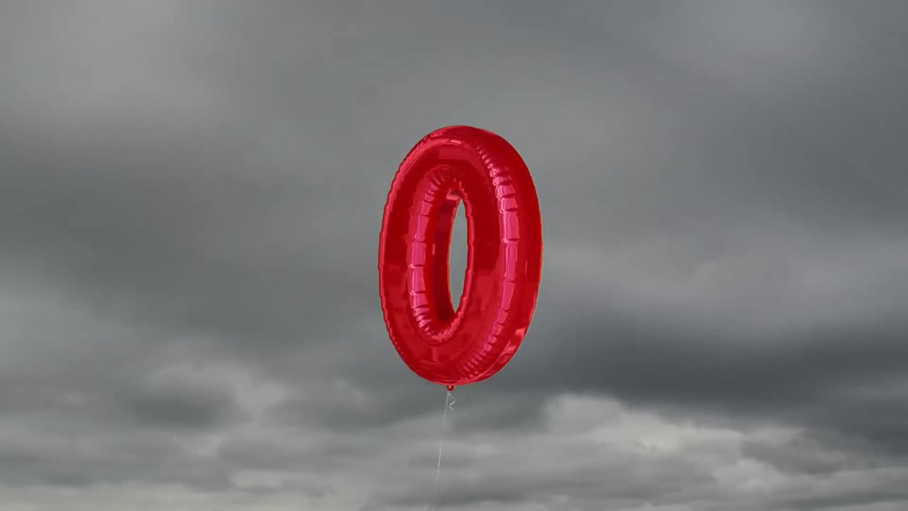 Animation of a number zero red balloon over sky in the background.