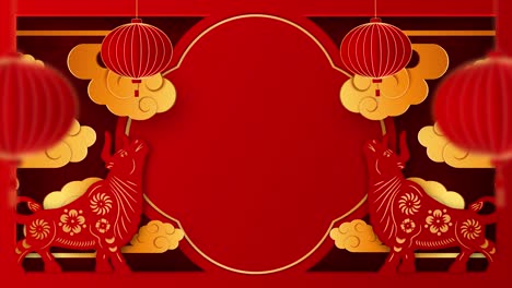 chinese new year 2021 year of the ox , red and gold paper cut art, lanterns and asian elements with craft style on background. happy new year. 4k loop video animation with copy space.