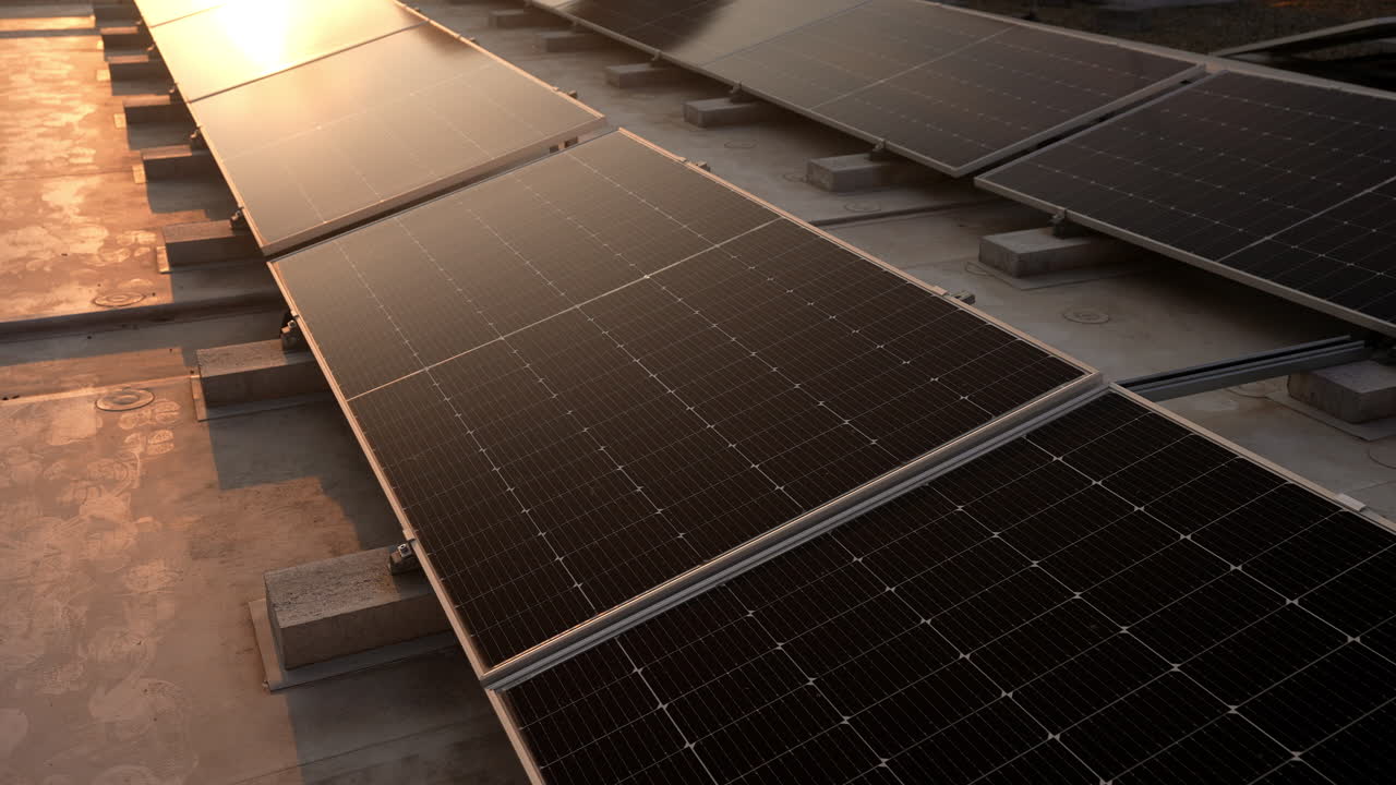 Primo piano di pannelli fotovoltaici solari installati su un tetto piatto. Scatto cinematografico di un moderno sistema di energia solare che riflette la calda luce del tramonto. Concetto di stile di vita sostenibile ed energia verde.