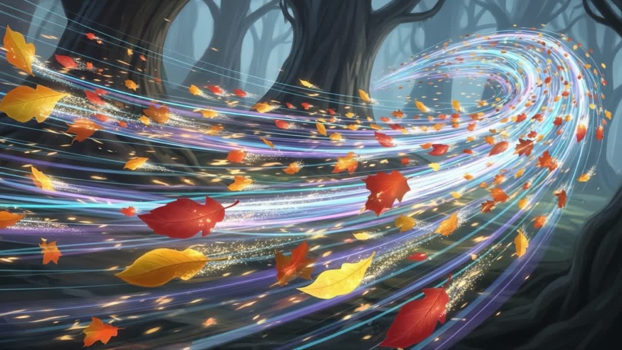 A Whirlwind of Autumn Leaves: A Mesmerizing Dance of Colors and Light in a Mystical Forest Setting Capturing the Essence of Seasonal Change and Beauty