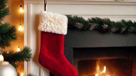 red christmas stocking hanging over fireplace with christmas tree and lights