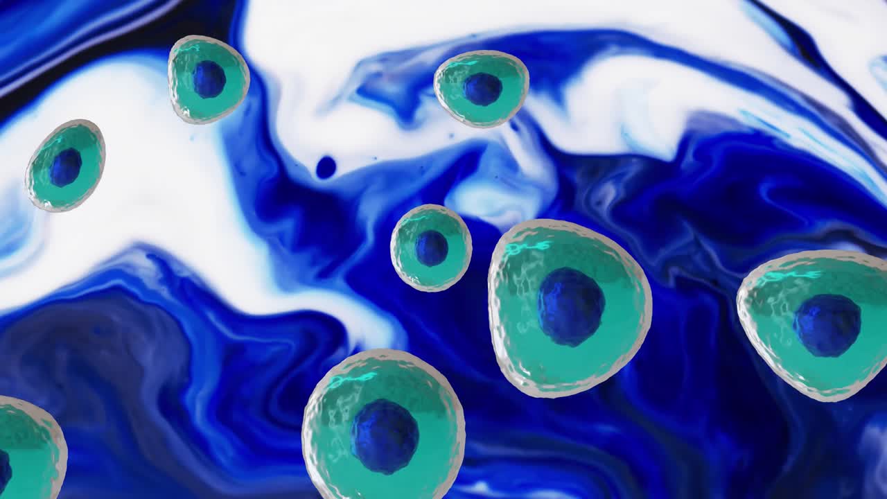 활기찬 색의 배경에 파란색과 투르코이즈색 세포의 마이크로의 애니메이션