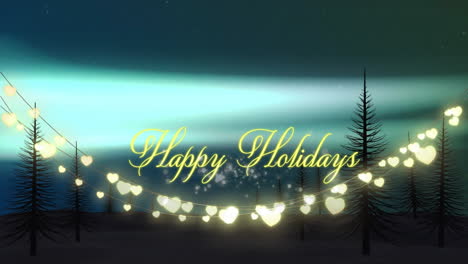 animation of happy holidays text over glowing fairy lights and christmas trees