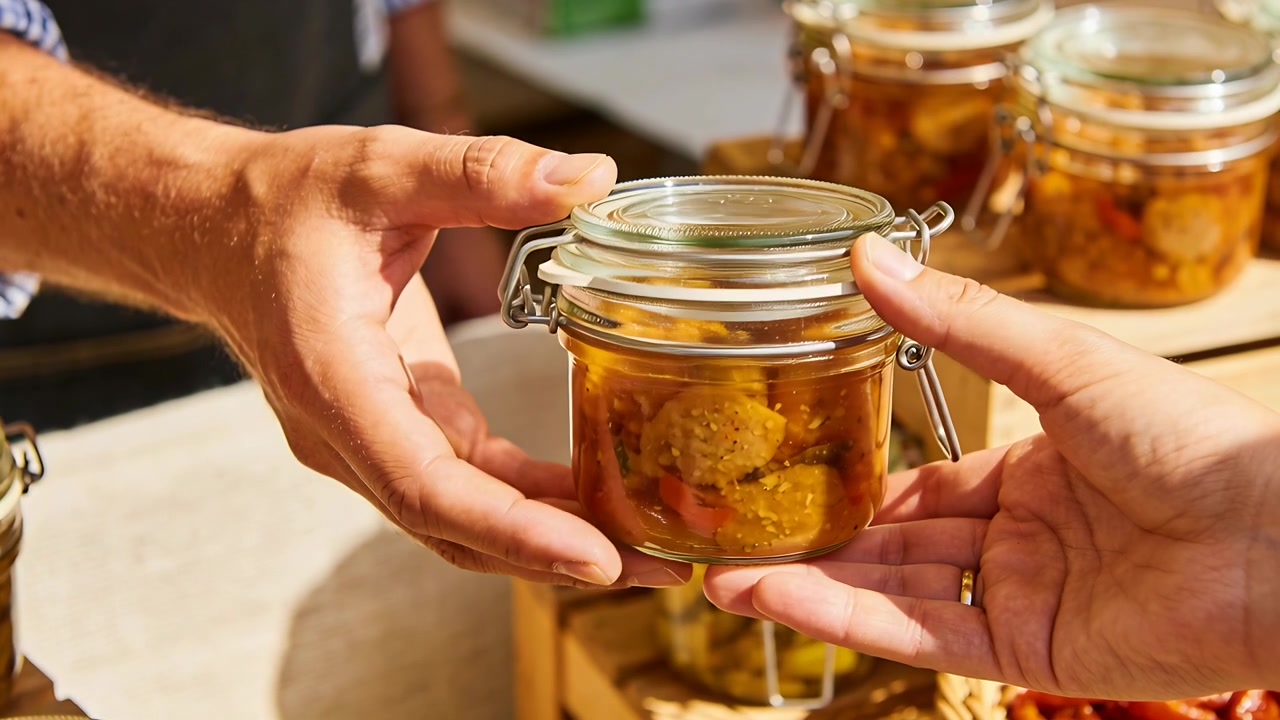 Presenting vendor in apron holding swing-top jar at market, customer reaching to buy jar