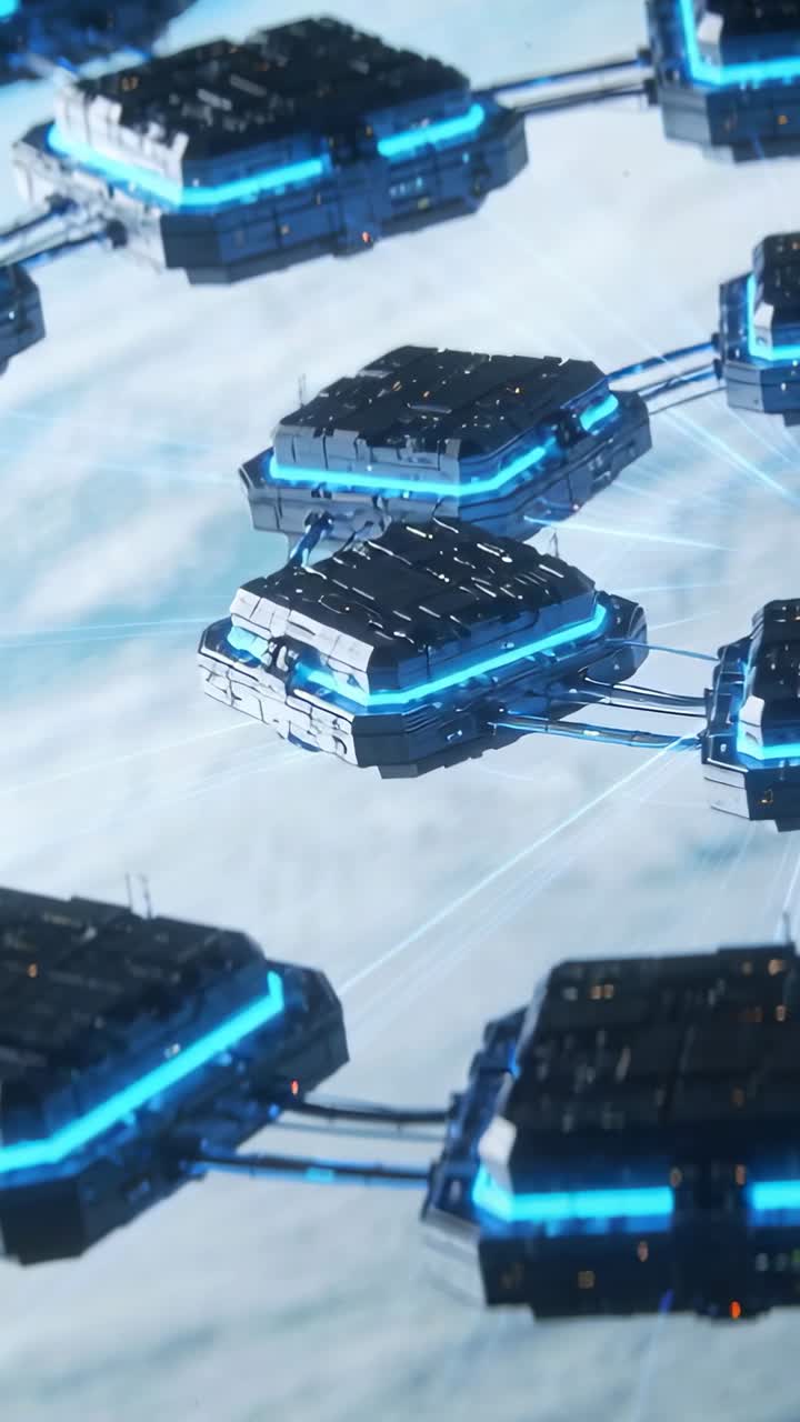 Camera pan starting modules shifting, cluster emitting cyan bands, lights converging to reveal core