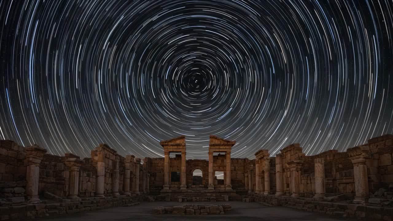 A Stunning Starry Night Over Ancient Ruins: Captivating Circular Star Trails Above Historic Stone Structures in a Timeless Landscape