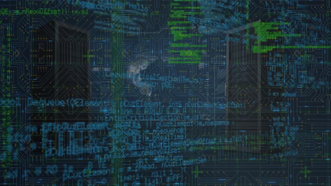 Animation of data processing and spinning globe against computer servers