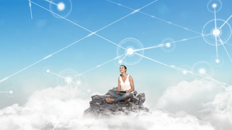 casual woman using tablet in the clouds