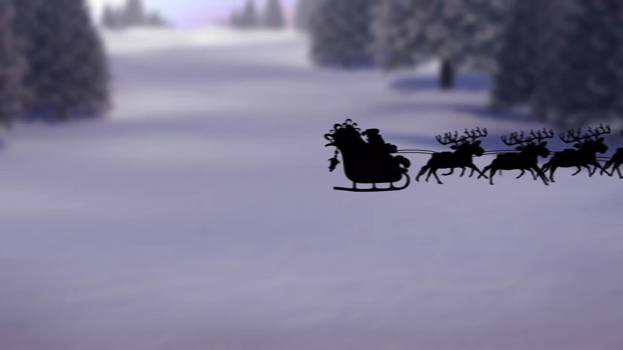 Animation of snow falling over christmas winter scenery and santa claus in sleigh