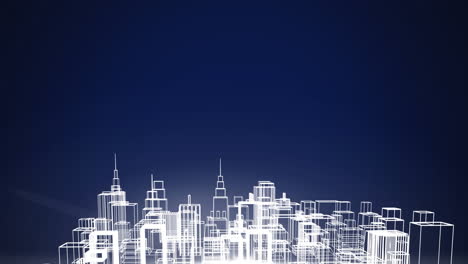 animation of white outlines of a 3d architectural model of a modern city spinning on blue background