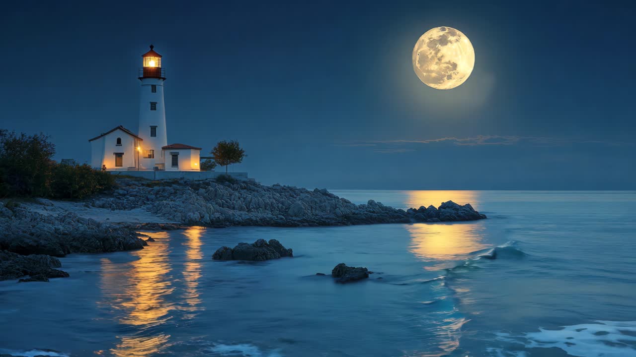 A lighthouse is on a rocky shoreline with a large full moon in the sky. The moon is reflecting on the water, creating a serene and peaceful atmosphere