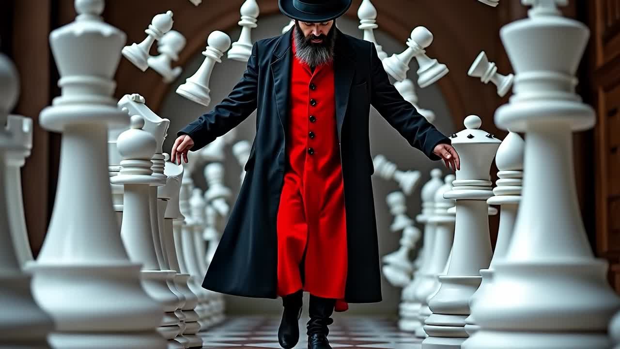 A man in a black coat and red coat standing in front of a large chess board