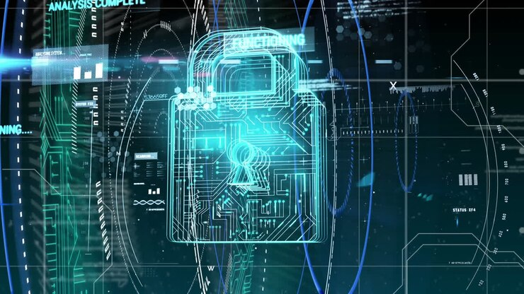 Security padlock icon and data processing against blue background