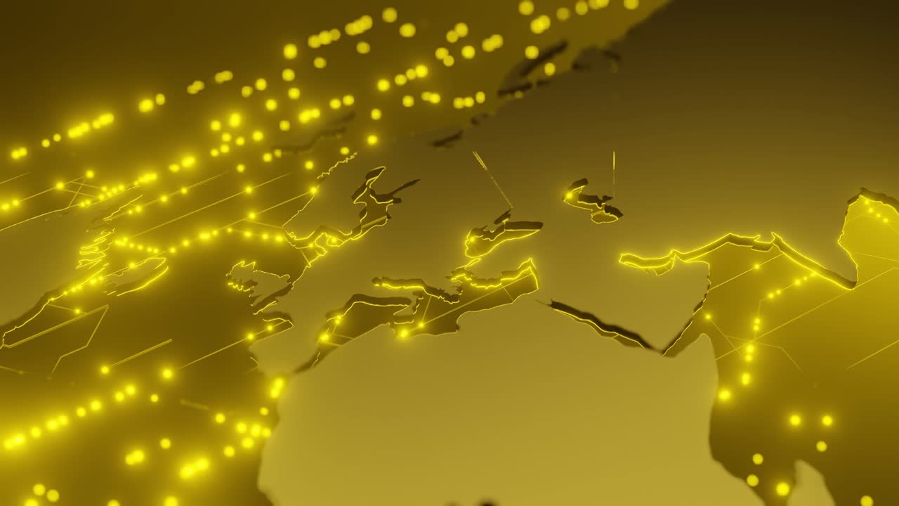 유럽, 아프리카, 아시아의 일부 지역은 노란색 디지털 세계 지도에 빛나는 네트워크 연결과 함께 글로벌 기술, 통신 및 연결 개념.