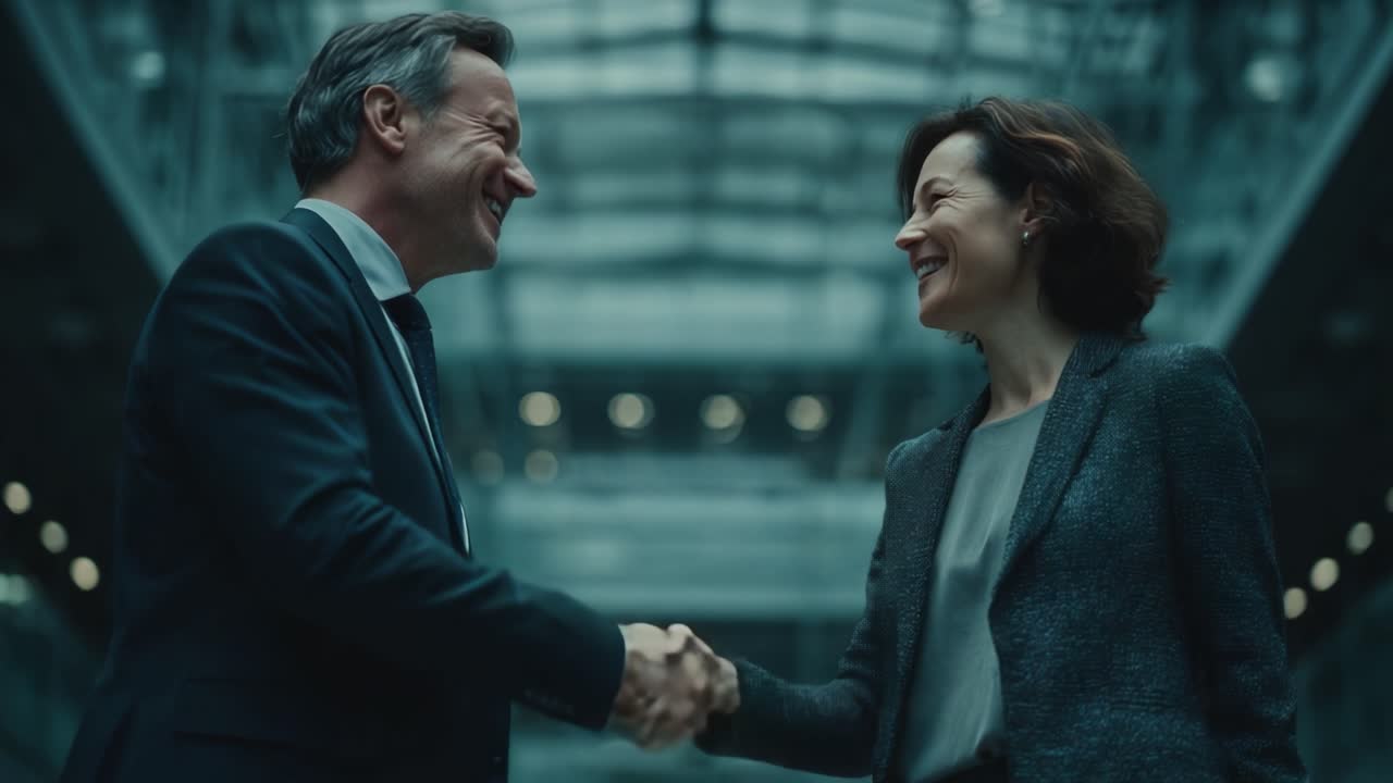 Partner commerciali impegnati in un proficuo scambio di idee e collaborazione, simboleggiato da una stretta di mano decisa in un moderno ambiente aziendale.