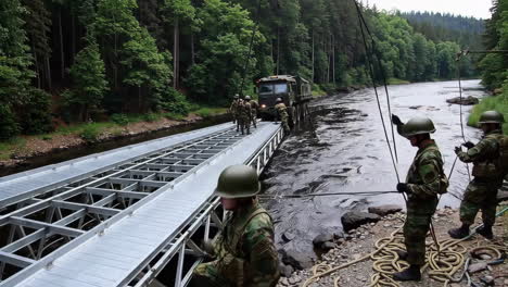 military bridge construction over a river