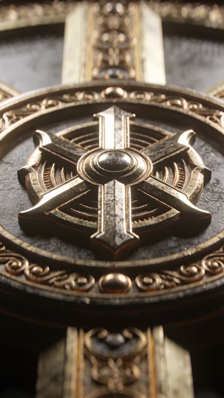 Vertical video: Pulling back camera revealing medallion with cross motif on door to reveal detail