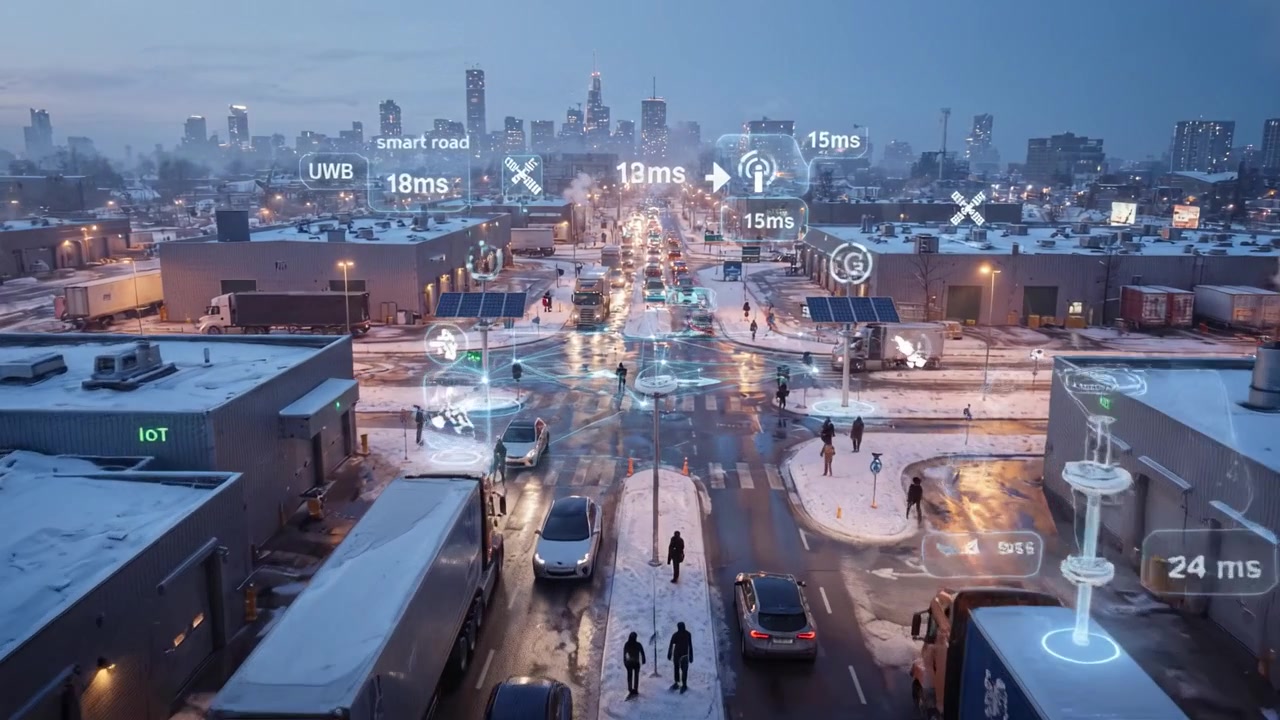 Vista aerea di un incrocio di una smart city con tecnologie di connettività avanzate in un paesaggio invernale al crepuscolo, che evidenzia il flusso del traffico e la vita urbana