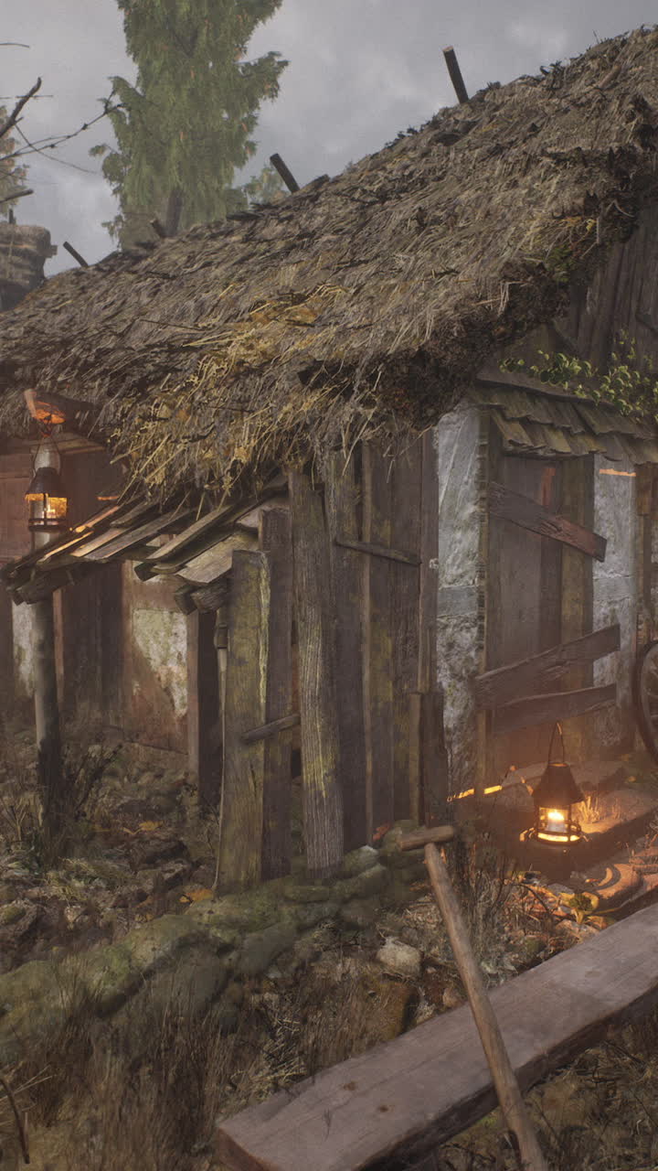 una cabaña rústica en un pueblo medieval con niebla