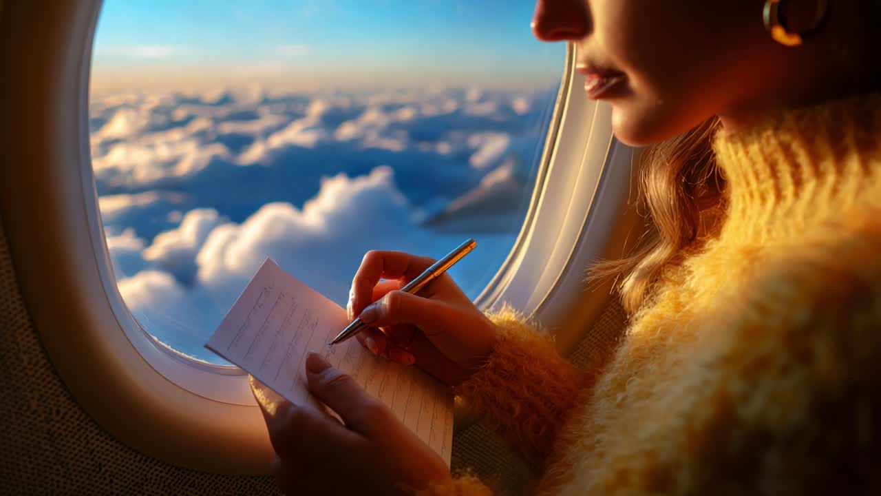 A woman in a cozy yellow sweater sits by an airplane window, gazing out at the fluffy clouds below as she thoughtfully writes on a notepad, capturing the serene beauty of her airborne journey