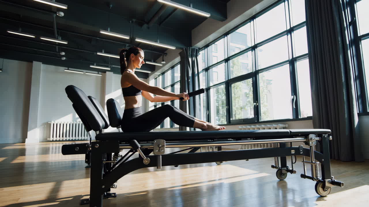 Woman exercising on a Pilates reformer in a studio
