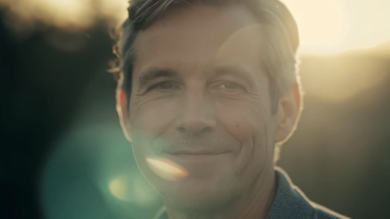 Mature man with gray hair smiles warmly, illuminated by sunlight. A beautiful lens flare effect enhances the scene, creating a cheerful and uplifting atmosphere