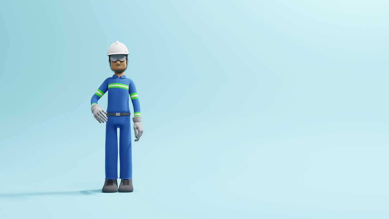 3D Animation of a male construction worker waving his hand in a light blue background