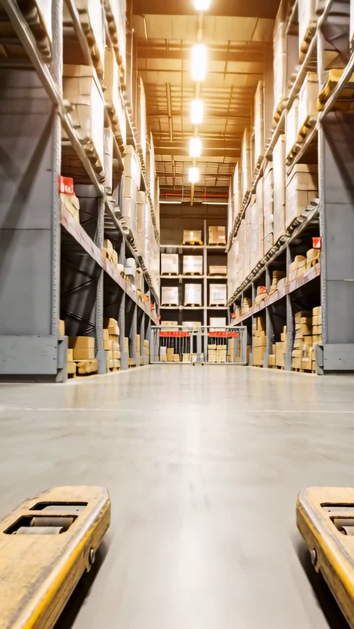 Video vertical: Cámara de ángulo bajo deslizándose por un pasillo de almacén, mostrando montacargas, portón rojo para inventario.