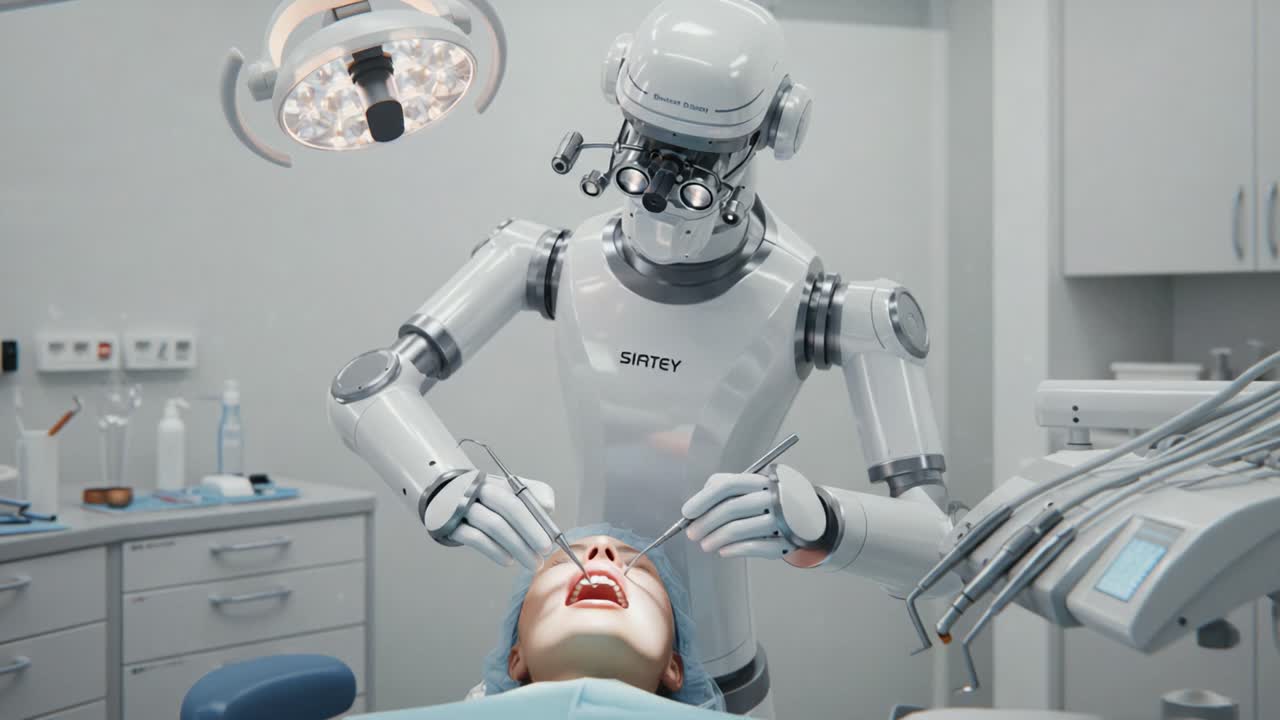 A Futuristic Dental Procedure: Advanced Robot Performing Surgery on a Patient in a Modern Dental Clinic with High-Tech Equipment and a Sterile Environment