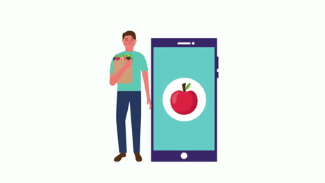 joven con comida fresca y saludable en su teléfono inteligente