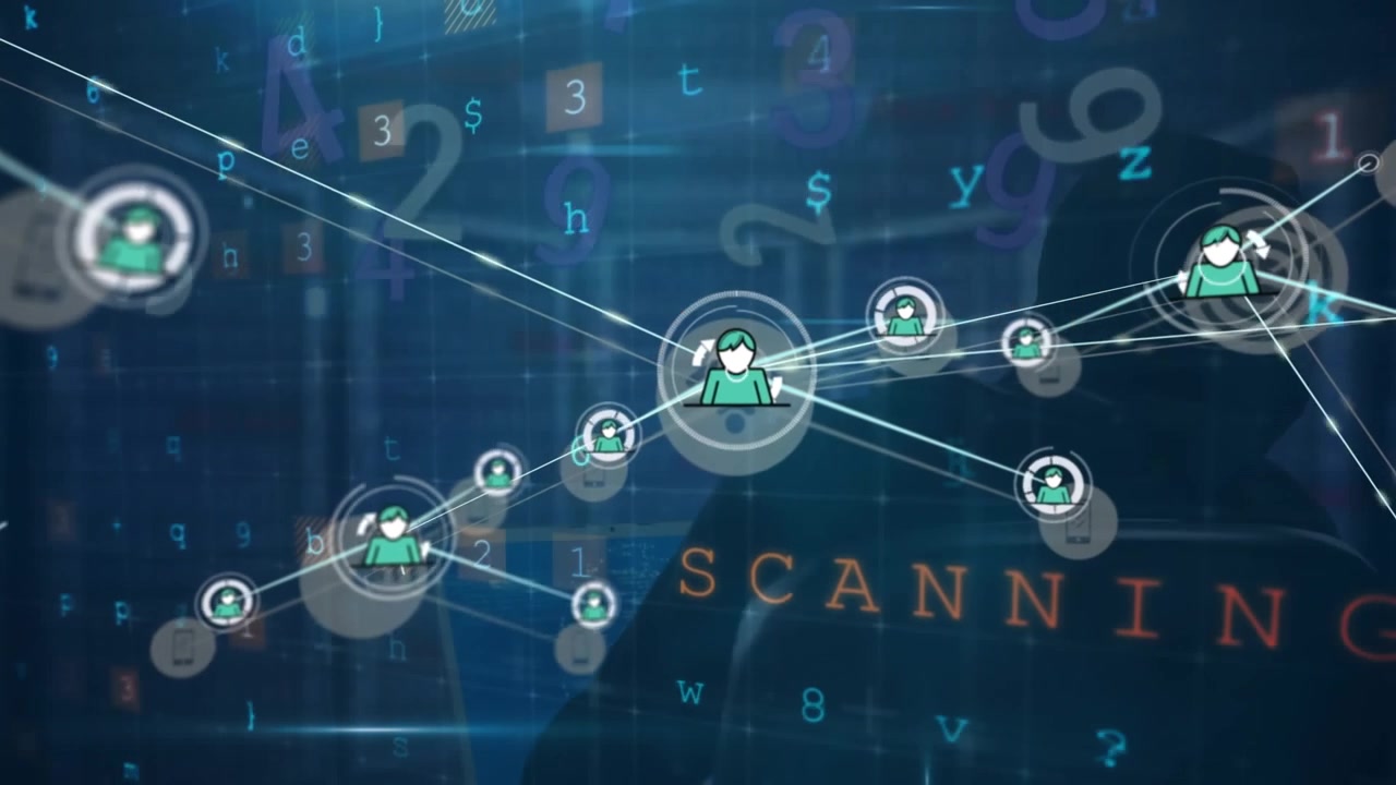 Animation of connected icons, texts, letters over rear view of hacker hacking system through laptop