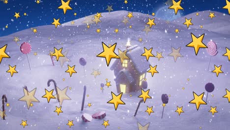 animation of stars, christmas candy canes, snow and house in winter scenery