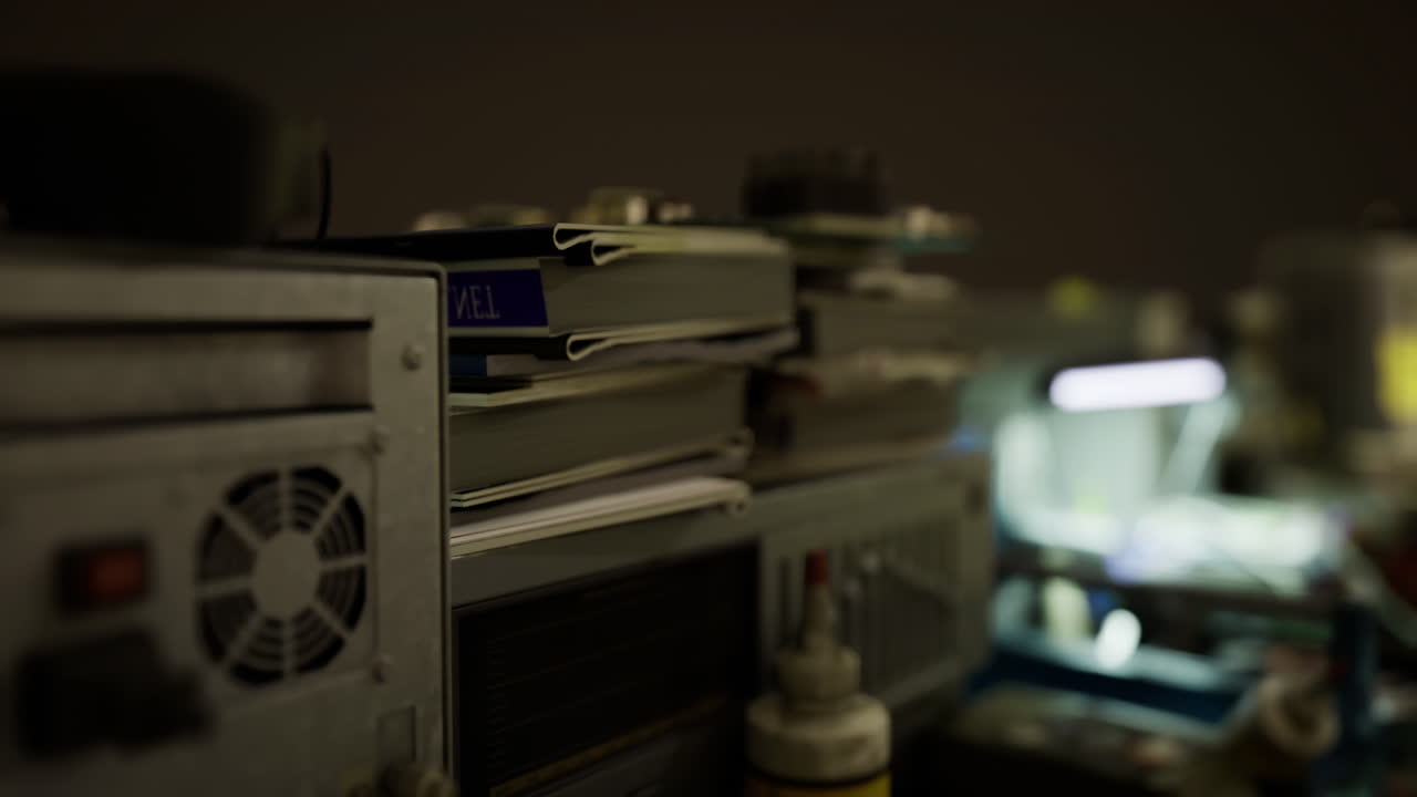 Stacks of paperwork and technology in a dimly lit workspace at night