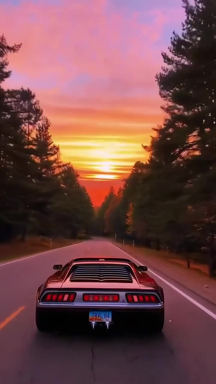 Auto sportiva retrò che guida su una strada forestale verso un tramonto vivace.