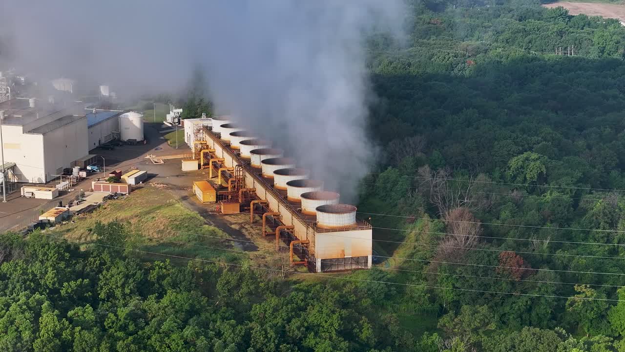 Aerial view of steam emitting from a Cogen Power Plant