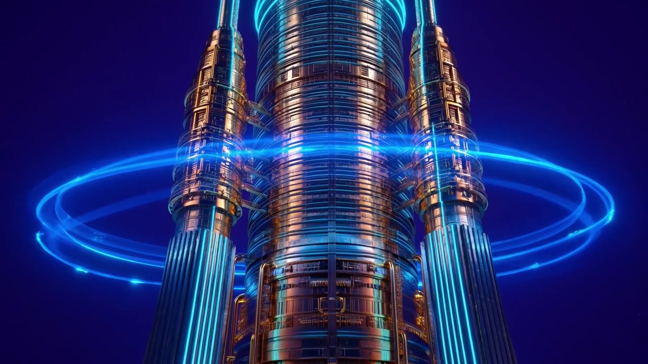 Futuristic Tower with Glowing Blue Neon Lights and Rotating Rings