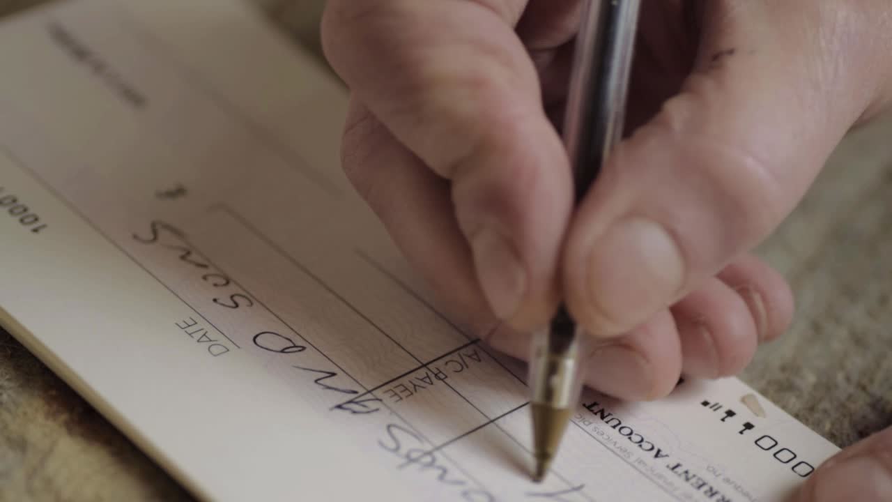 mano escribiendo un cheque bancario para pagar facturas