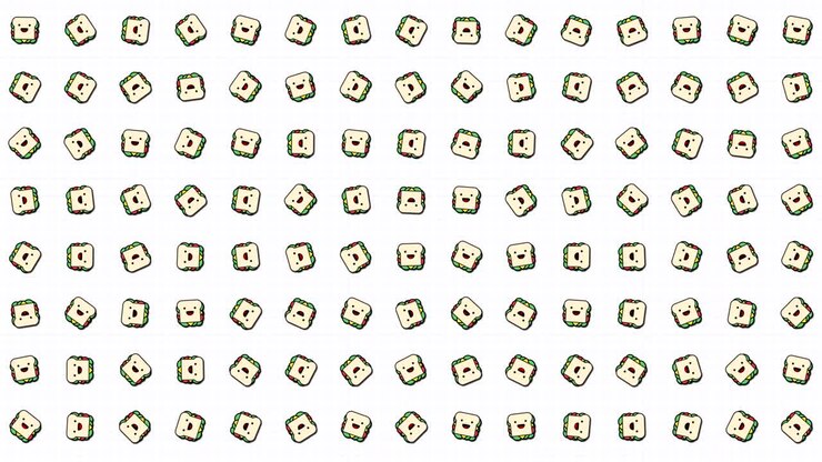 sandwich icon, animation loop. Seamless pattern background. small, multicolored sandwich icons rotate slowly on grid. white backdrop. National burger day. fast food concept