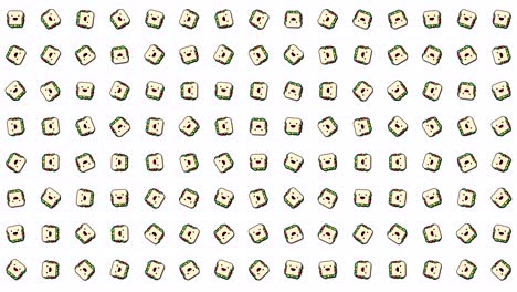 sandwich icon, animation loop. seamless pattern background. small, multicolored sandwich icons rotate slowly on grid. white backdrop. national burger day. fast food concept