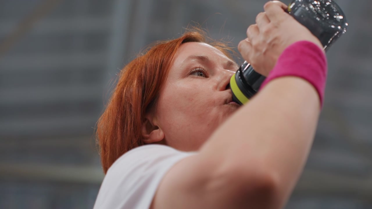 Il giocatore si ferma per bere acqua a metà partita. Una donna atletica fa una breve pausa per l'acqua durante la competizione. L'atleta concentrata si reidrata tra un rally e l'altro durante un'intensa partita di badminton indoor.