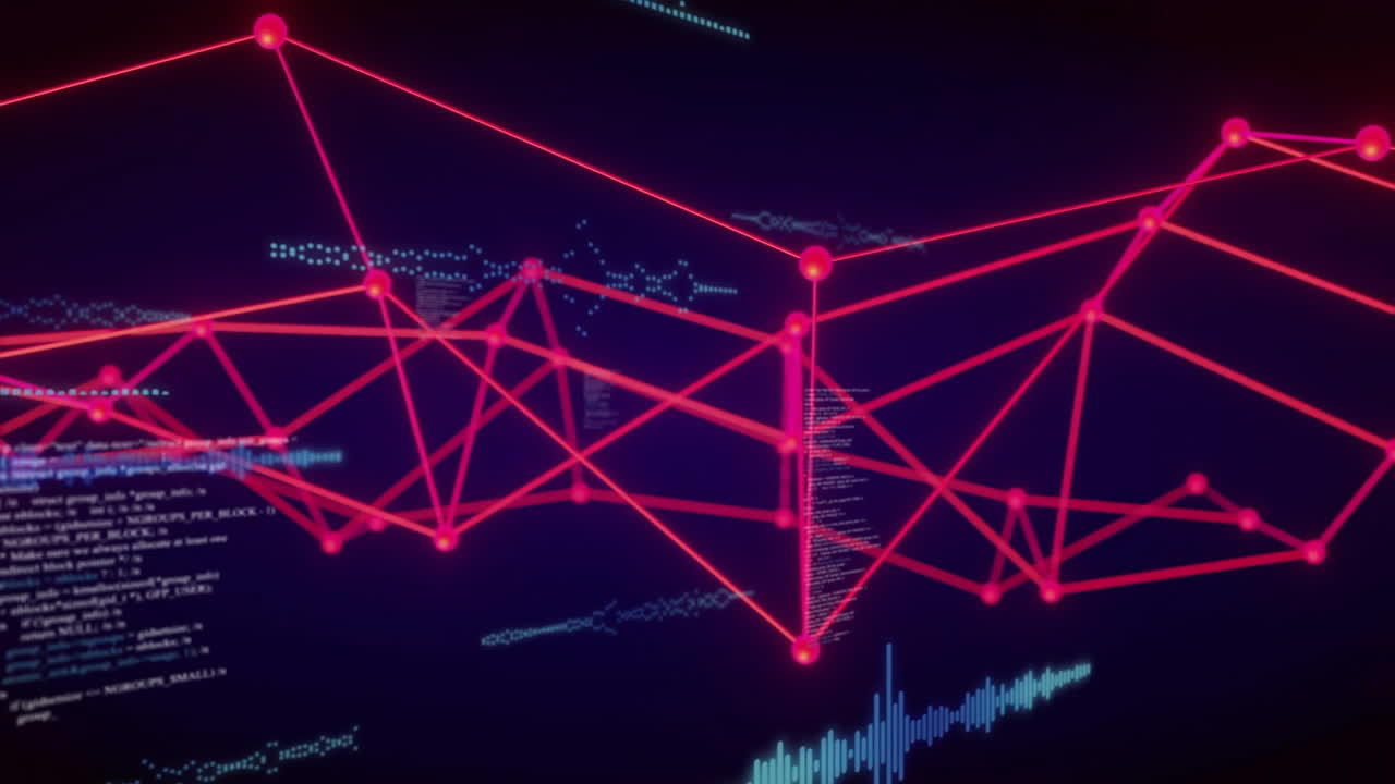 Animation of red geometric network with data points and lines on digital background