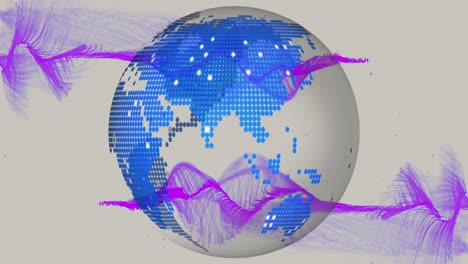 Animation-of-violet-waves-over-rotating-globe-on-beige-background