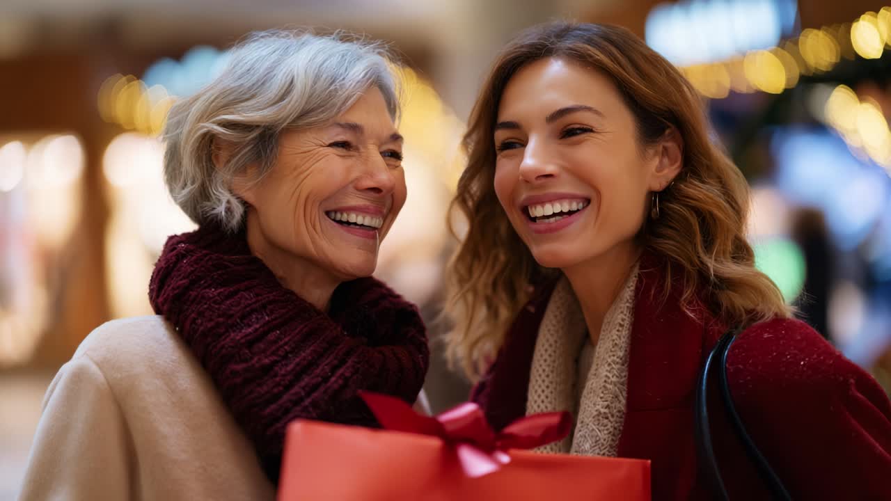 A Heartwarming Moment Between Two Generations Captured at a Holiday Shopping Center, Showcasing Joyful Expressions and Festive Ambiance that Reflect the Spirit of Togetherness and Celebration