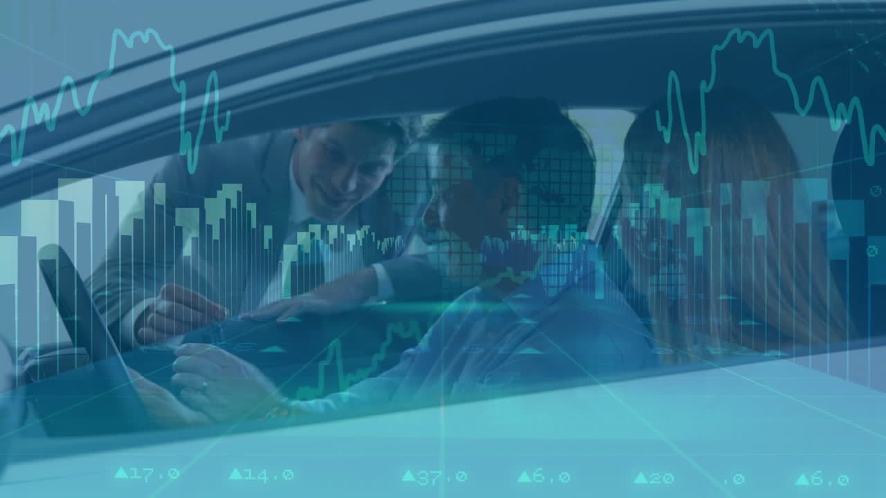 Animation of statistics and data processing over Caucasian couple sitting in a car