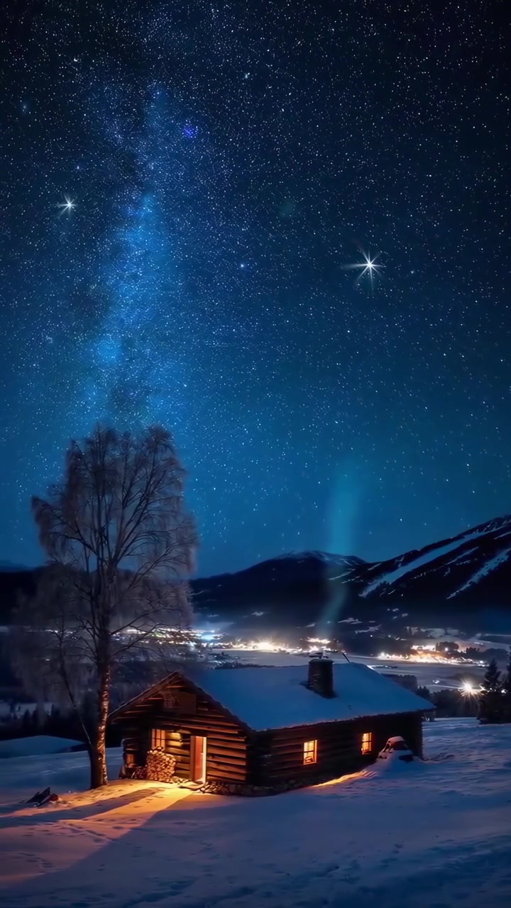 Cabana de madeira aconchegante sob um céu noturno estrelado no inverno